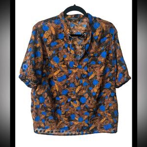 Women's Mark New York Top Blouse Blue Brown V-Neck Sheer Size L Short Sleeve